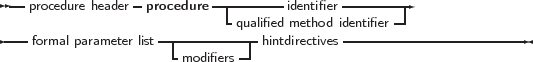  --procedure header procedure--|------identifier---------
                            -qualified method identifier--
----formal parameter list|----------hintdirectives ----------------------
                     -modifiers -
     