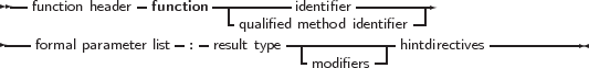  --function header- function -|-------identifier---------
                      -  - qualified method identifier
----formal parameter list : result type------------hintdirectives-----------
                                   modifiers
     